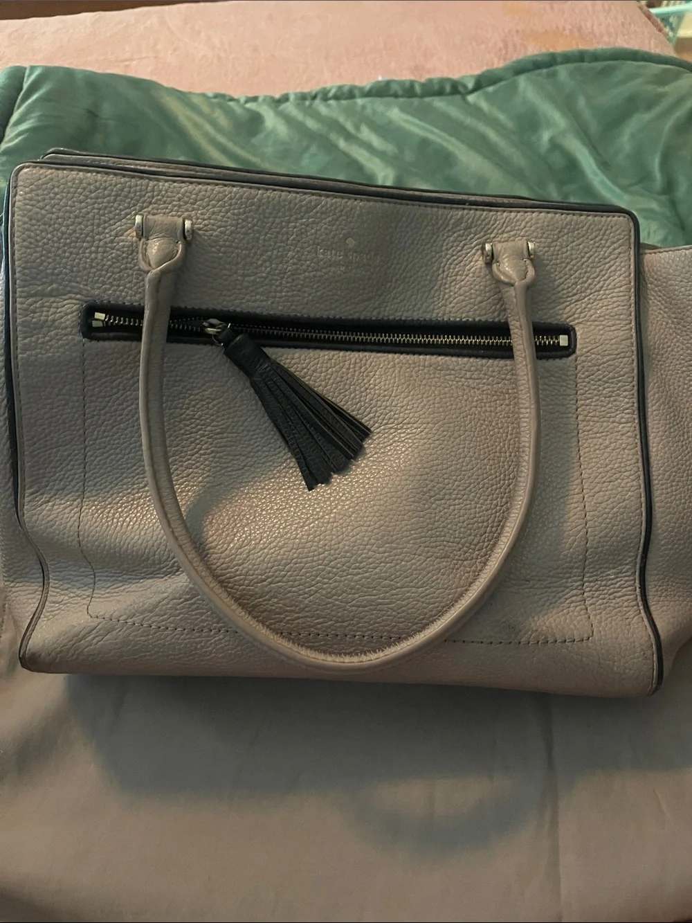 Gray Leather Tote Bag with Tassel Accent